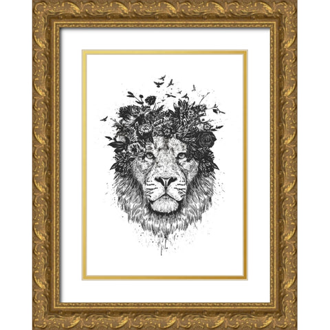 Floral lion (bw) Gold Ornate Wood Framed Art Print with Double Matting by Solti, Balazs