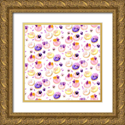Floral watercolor donuts pattern Gold Ornate Wood Framed Art Print with Double Matting by Laiz Blursbyai, Rosana