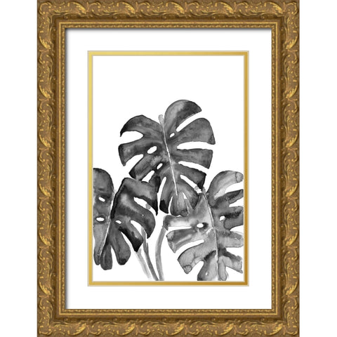 Monstera leaves in loose watercolor bw Gold Ornate Wood Framed Art Print with Double Matting by Laiz Blursbyai, Rosana