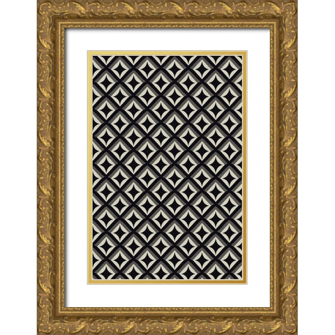 Black And White Tile Pattern Gold Ornate Wood Framed Art Print with Double Matting by Treechild