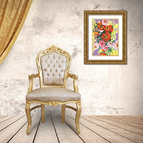 Red And Pink Bouquet On Violet Gold Ornate Wood Framed Art Print with Double Matting by Zwara, Ania