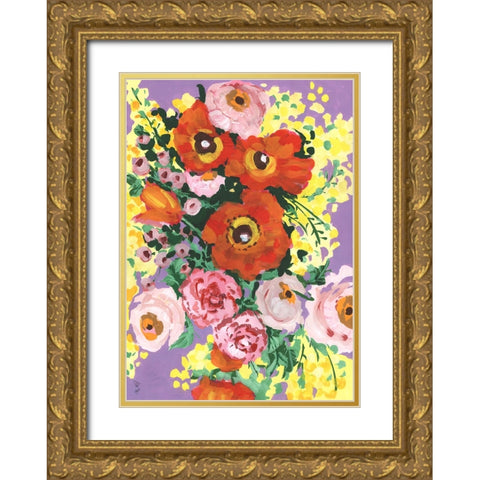 Red And Pink Bouquet On Violet Gold Ornate Wood Framed Art Print with Double Matting by Zwara, Ania