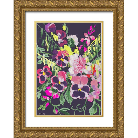 Pink Pansies On Dark Purple Gold Ornate Wood Framed Art Print with Double Matting by Zwara, Ania