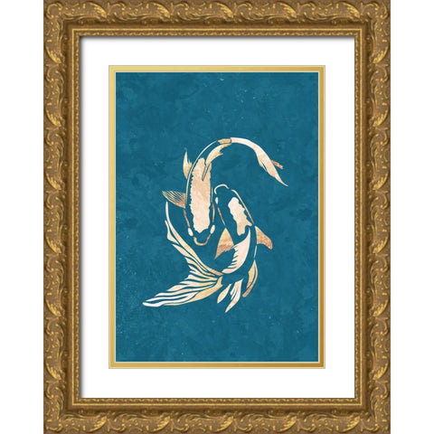 Gold Blue Koi Fish Gold Ornate Wood Framed Art Print with Double Matting by Manovski, Sarah