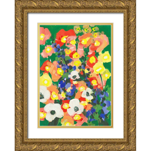 Big White Flower With Blue Bells Gold Ornate Wood Framed Art Print with Double Matting by Zwara, Ania