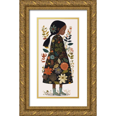 Little Flower Girl Gold Ornate Wood Framed Art Print with Double Matting by Treechild