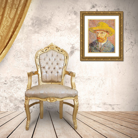 Self Portrait With Straw Hat Gold Ornate Wood Framed Art Print with Double Matting by Pictufy