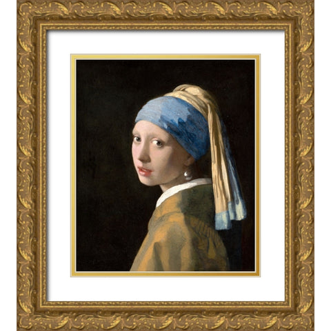 Girl with a Pearl Earring Gold Ornate Wood Framed Art Print with Double Matting by Pictufy
