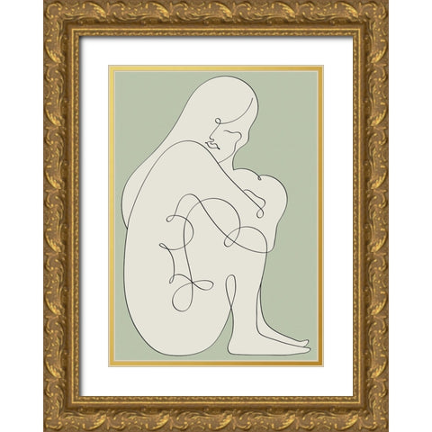 Sitting Woman Green Gold Ornate Wood Framed Art Print with Double Matting by Pictufy Studio II