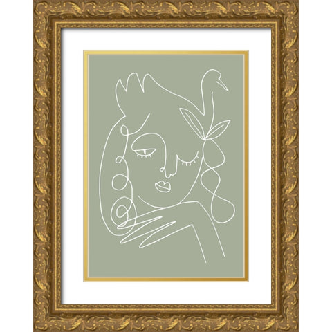 Woman Green Gold Ornate Wood Framed Art Print with Double Matting by Pictufy Studio II