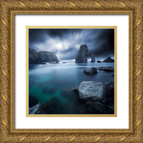 Turquoise Gold Ornate Wood Framed Art Print with Double Matting by Del Grosso, Sebastien