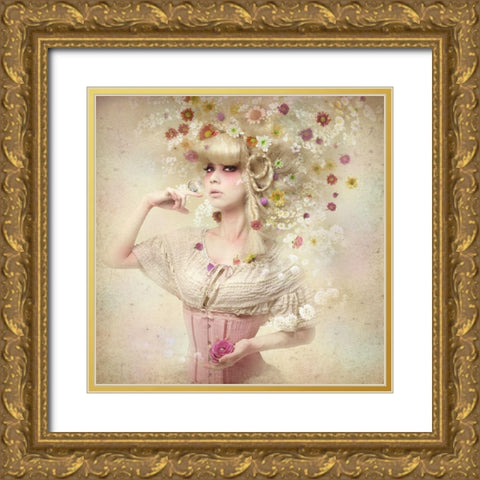 Girl Of The Flower Garden Gold Ornate Wood Framed Art Print with Double Matting by Murakami, Kiyo