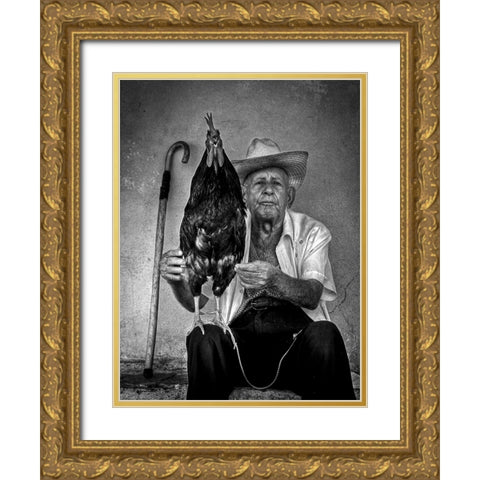 The Old Man With His Figting Cock Gold Ornate Wood Framed Art Print with Double Matting by Mazalrey, Alain