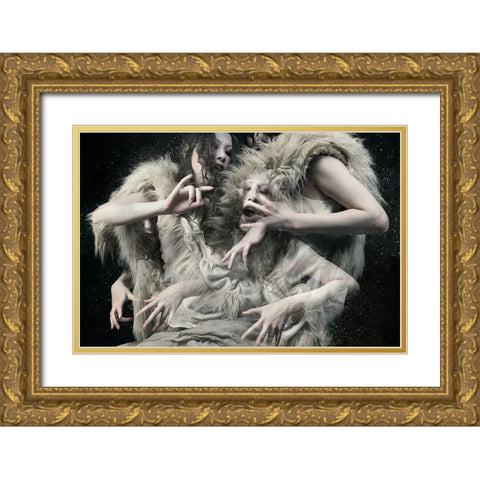 Wolf Daughters Gold Ornate Wood Framed Art Print with Double Matting by Murakami, Kiyo