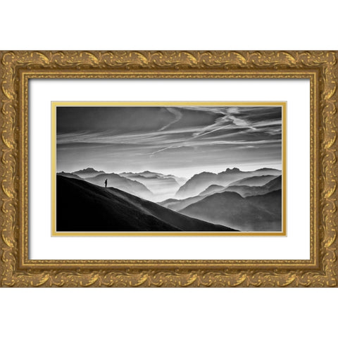 Hunter In The Fog Bw Gold Ornate Wood Framed Art Print with Double Matting by Guarino, Vito