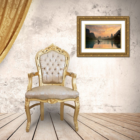 Golden Li River Gold Ornate Wood Framed Art Print with Double Matting by Zhang, Yan