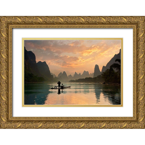 Golden Li River Gold Ornate Wood Framed Art Print with Double Matting by Zhang, Yan