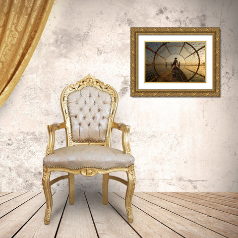 Inle Fisherman Gold Ornate Wood Framed Art Print with Double Matting by Song, Gunarto