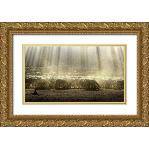 Herd Sheep In The Forest Gold Ornate Wood Framed Art Print with Double Matting by Georgiev, Deyan