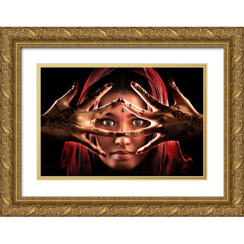 Face Of India Gold Ornate Wood Framed Art Print with Double Matting by Lee, Ivan