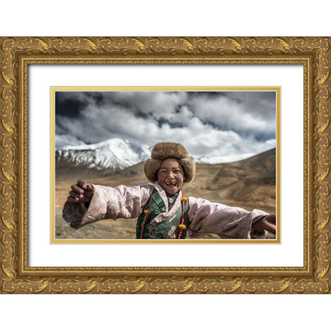 Smile {Tibet} Gold Ornate Wood Framed Art Print with Double Matting by Intarob, Sarawut