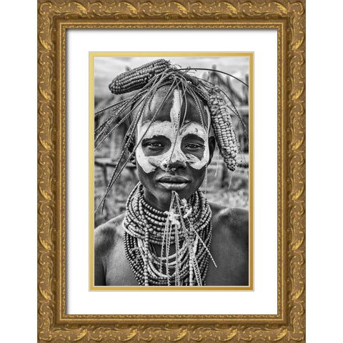A Woman Of The Karo Tribe-Omo Valley-Ethiopia. Gold Ornate Wood Framed Art Print with Double Matting by Inazio Kuesta, Joxe