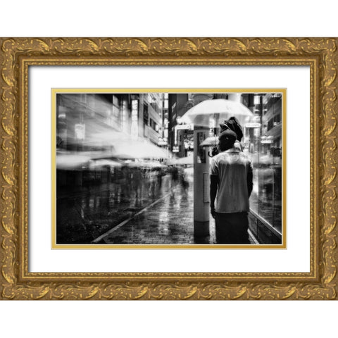 A Night In The Rain Gold Ornate Wood Framed Art Print with Double Matting by Suzuki, Tatsuo