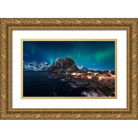 Dancing Over Hamnoy Gold Ornate Wood Framed Art Print with Double Matting by De La, Javier