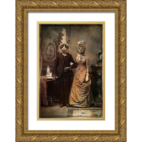 Cat Couple Gold Ornate Wood Framed Art Print with Double Matting by DDiArte