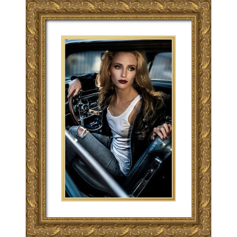 Waiting To Reverse My 69 Ford Mustang Gold Ornate Wood Framed Art Print with Double Matting by Peter Muller Photography