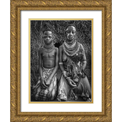 Two Karo Tribe Girls (Omo Valley-Ethiopia) Gold Ornate Wood Framed Art Print with Double Matting by Inazio Kuesta, Joxe