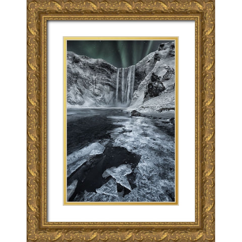 Skogafoss Falls Gold Ornate Wood Framed Art Print with Double Matting by Yaakobi, Lior