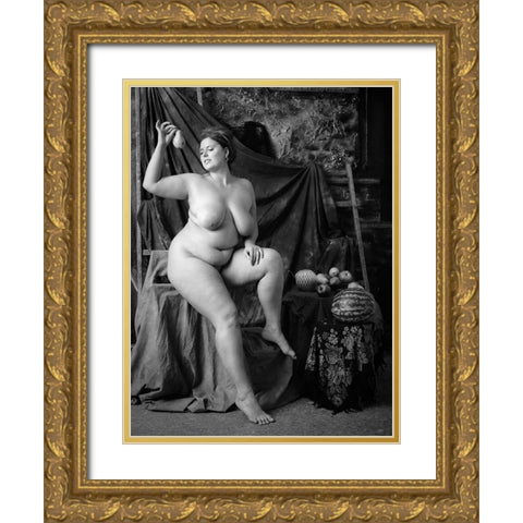 Portrait Of A Girl With A Pear Gold Ornate Wood Framed Art Print with Double Matting by zanzib