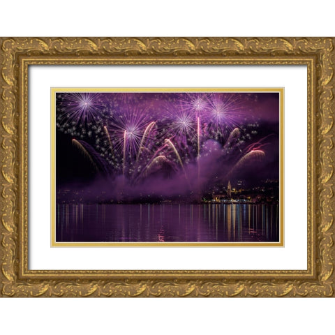 Fireworks Lake Pusiano Gold Ornate Wood Framed Art Print with Double Matting by Marini, Roberto