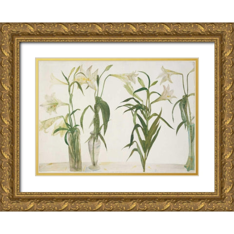 Green and White Lilies Gold Ornate Wood Framed Art Print with Double Matting by Blackadder, Elizabeth