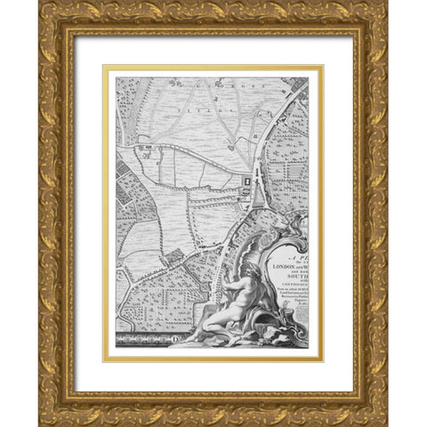 Roque Sectional map of London 1748 Gold Ornate Wood Framed Art Print with Double Matting by Roque, John