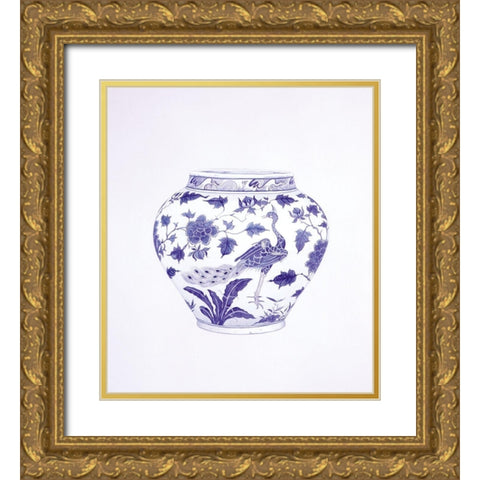 Peacock and Peonies Wine Jar Gold Ornate Wood Framed Art Print with Double Matting by Anderton, Caroline