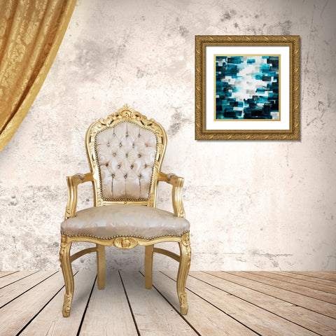 TURQUOISE AND GRAY SQUARES Gold Ornate Wood Framed Art Print with Double Matting by Atelier B Art Studio