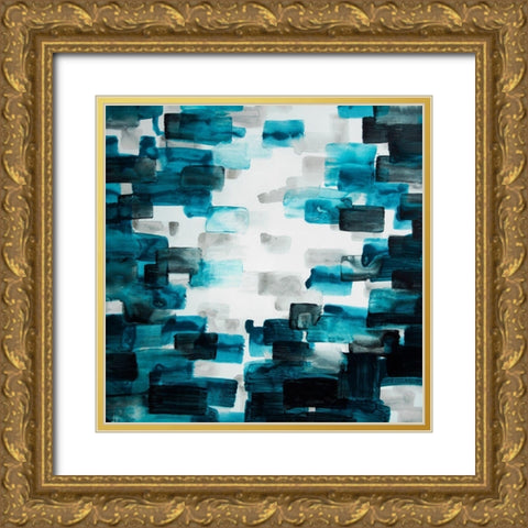 TURQUOISE AND GRAY SQUARES Gold Ornate Wood Framed Art Print with Double Matting by Atelier B Art Studio