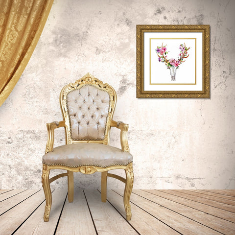 Rustic Deer Skull with Flowers Gold Ornate Wood Framed Art Print with Double Matting by Atelier B Art Studio