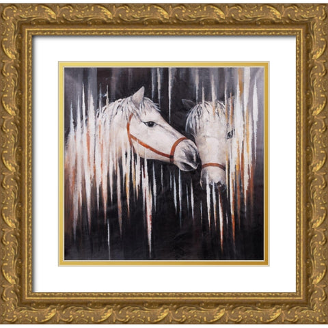 TWO WHITE HORSES KISSING Gold Ornate Wood Framed Art Print with Double Matting by Atelier B Art Studio