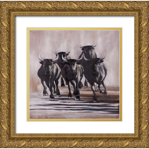 GROUP OF RUNNING BULLS Gold Ornate Wood Framed Art Print with Double Matting by Atelier B Art Studio