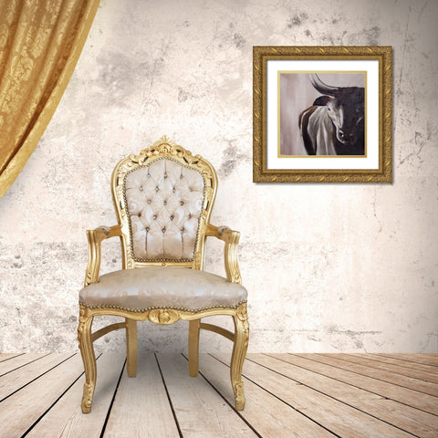 BULL HEAD FRONT VIEW Gold Ornate Wood Framed Art Print with Double Matting by Atelier B Art Studio