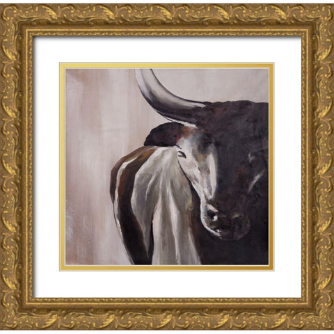 BULL HEAD FRONT VIEW Gold Ornate Wood Framed Art Print with Double Matting by Atelier B Art Studio