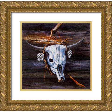 HANGED SKULL ON A WOOD WALL Gold Ornate Wood Framed Art Print with Double Matting by Atelier B Art Studio