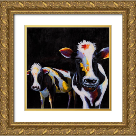 TWO FUNNY COWS Gold Ornate Wood Framed Art Print with Double Matting by Atelier B Art Studio