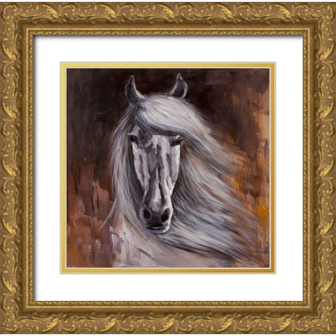 PROUD WHITE HORSE Gold Ornate Wood Framed Art Print with Double Matting by Atelier B Art Studio