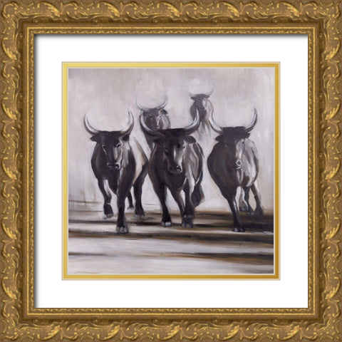 RUNNING FIERCE BULLS Gold Ornate Wood Framed Art Print with Double Matting by Atelier B Art Studio
