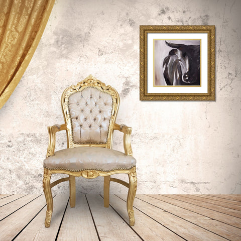 BULL HEAD CLOSEUP Gold Ornate Wood Framed Art Print with Double Matting by Atelier B Art Studio