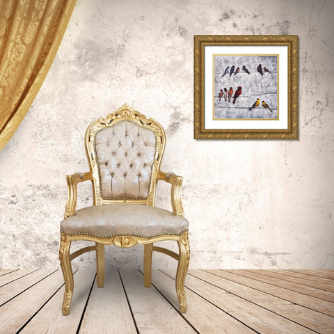 COLORFUL BIRDS ON BRANCHES Gold Ornate Wood Framed Art Print with Double Matting by Atelier B Art Studio